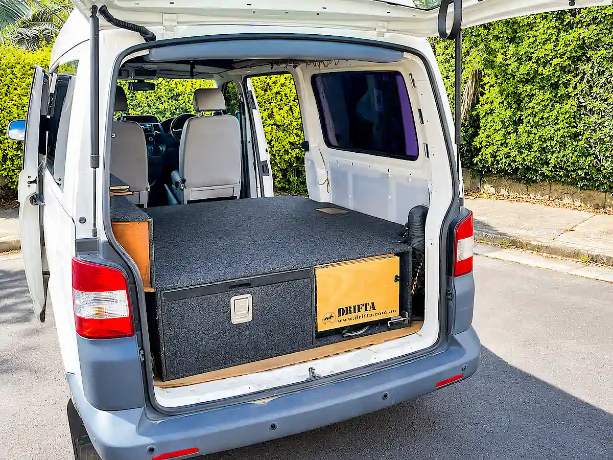 VW campervan for sale with rear bed, storage and pull-out kitchen