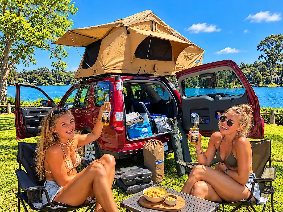 Used Honda for sale at Travelwheels Campervans Sydney - setting up camp with roof tent